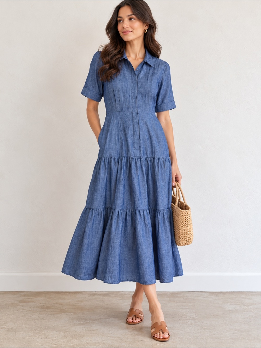 Calvin Klein Denim Midi Shirt Dress Size 10 Blue Cotton Button Front Tiered